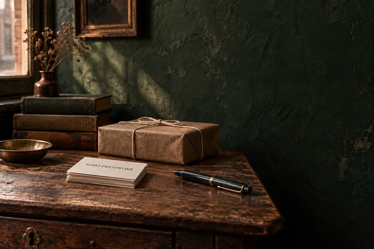 A worn oak desk against a faded green plaster wall in late window light: a small, naturally staggered stack of cream Soho Presswork business cards, a kraft parcel tied with string, a fountain pen and a brass dish