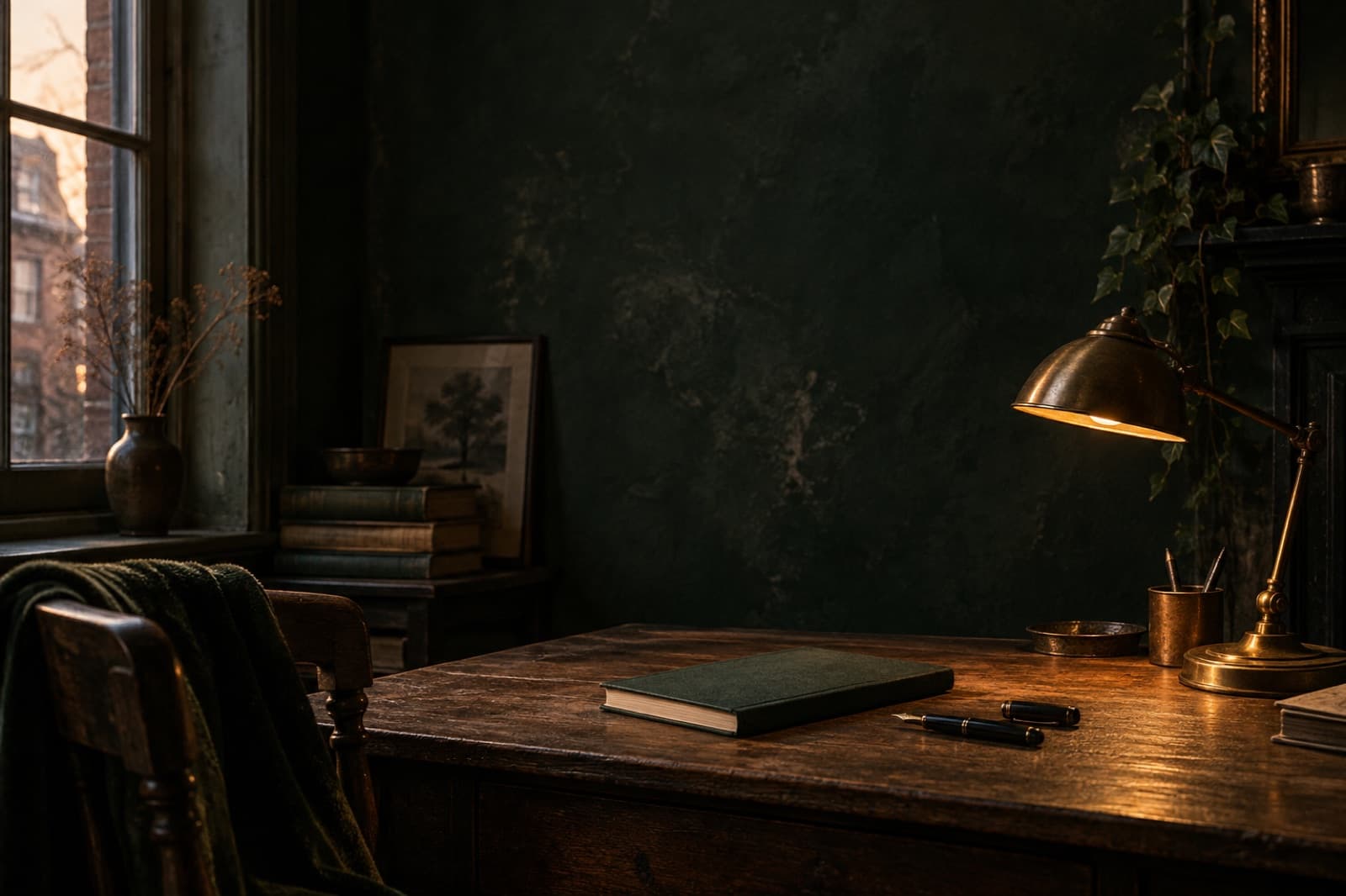 A dim study at dusk: a brass desk lamp glowing over an oak desk with a green cloth notebook and a fountain pen
