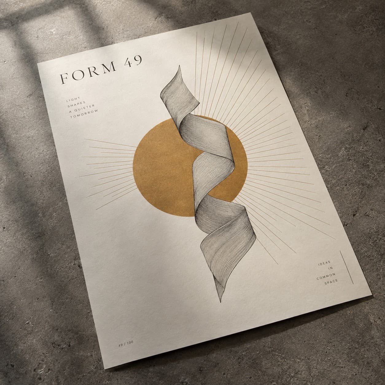 XL Flyers — ochre sun and fine radiating ink lines, with a folded ribbon
