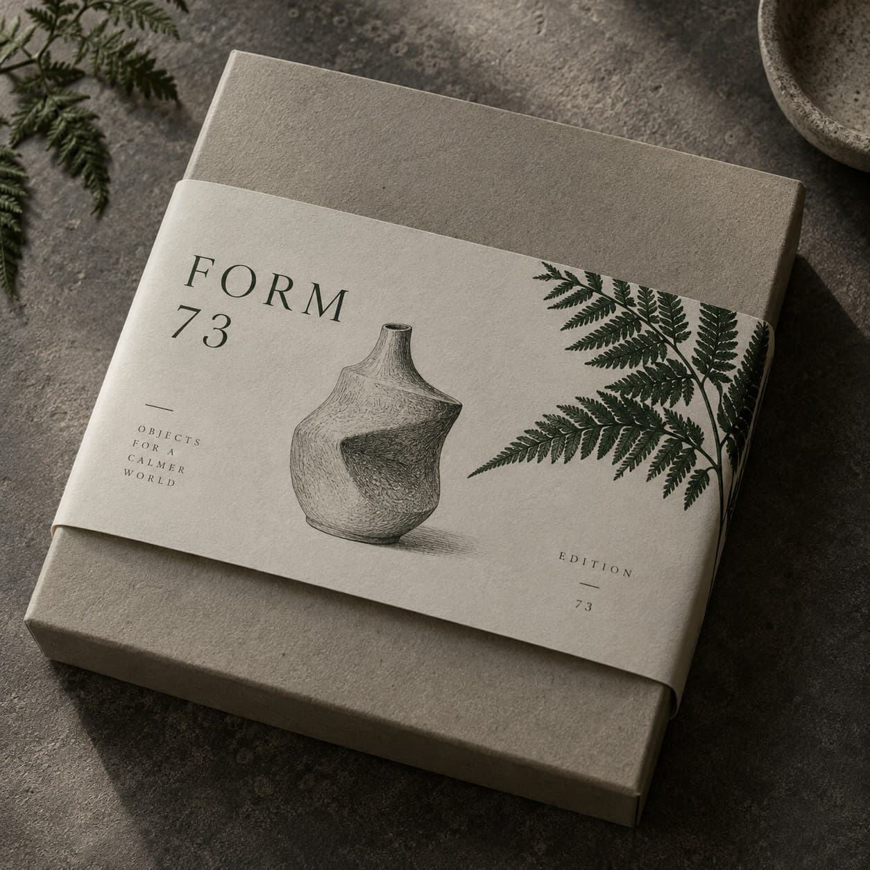 Packaging Belly Bands — dark green fern and fine serif typography, with a sculptural vessel
