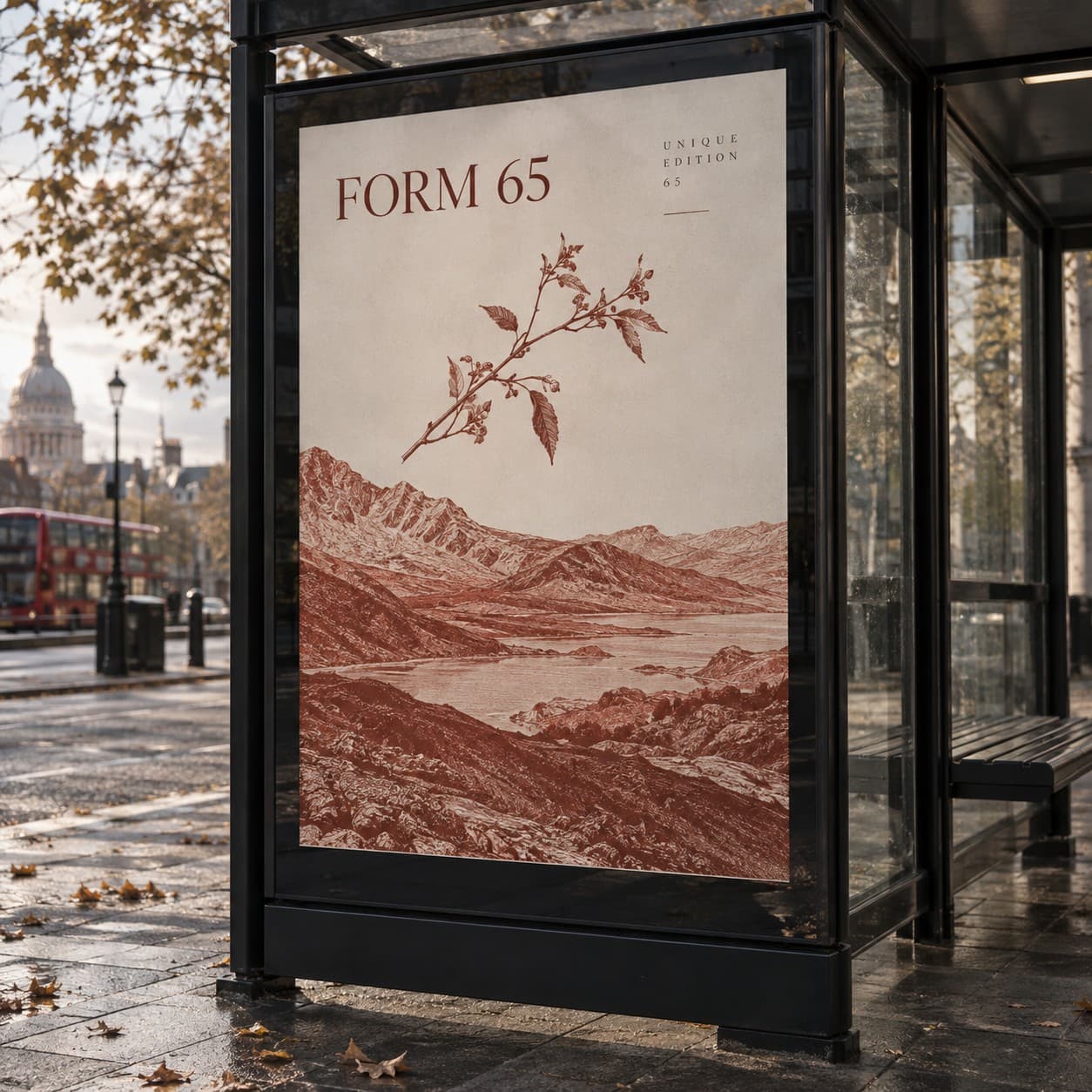 Bus Shelter Posters — rust red landscape contour etching, with a branch