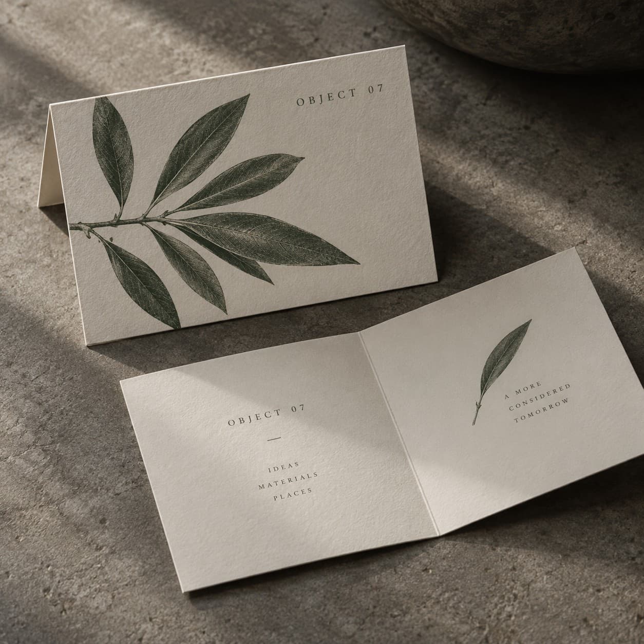 Folded Business Cards — forest green pressed olive leaf illustration