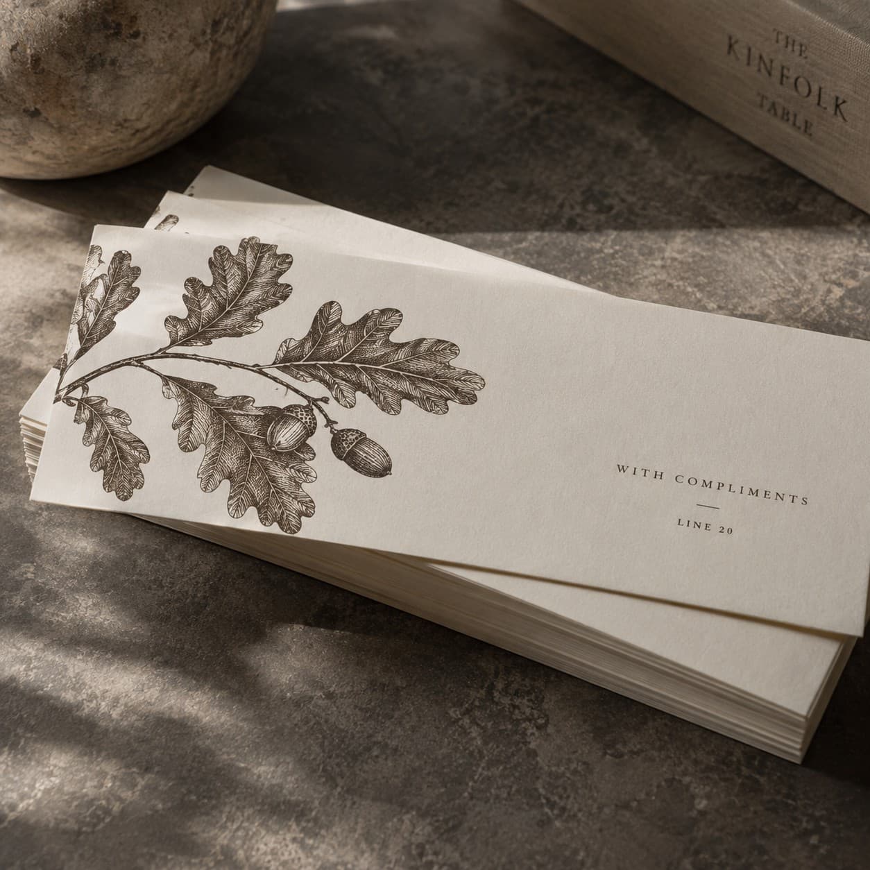 Compliment Slips — dark brown finely engraved oak branch