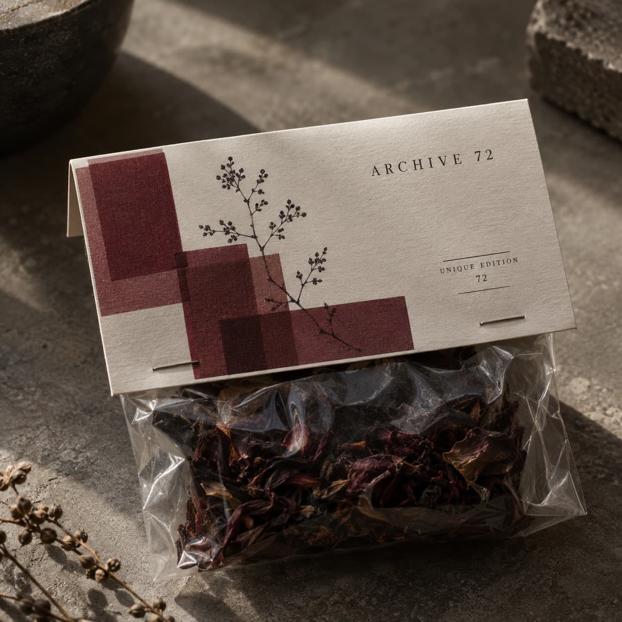 Bag Toppers — wine red abstract overlapping rectangles, with a branch