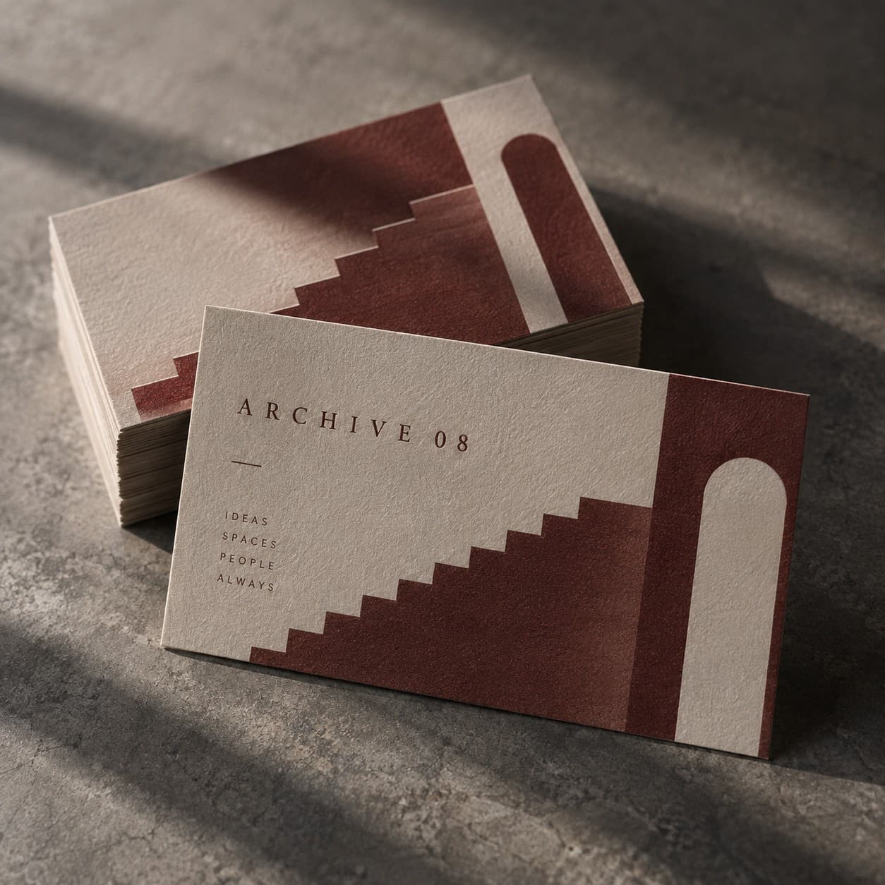 Signature Business Cards — burgundy geometric staircase design
