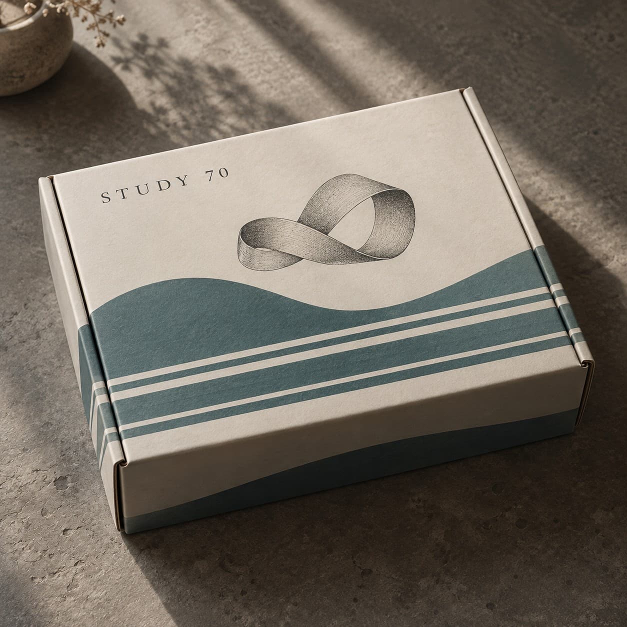 Postal Boxes — teal wave and horizontal stripe composition, with a folded ribbon