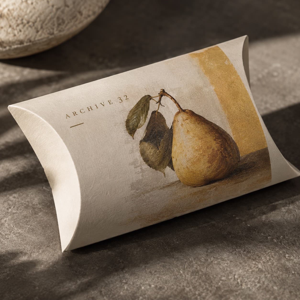 Pillow Boxes — saffron still life of a pear