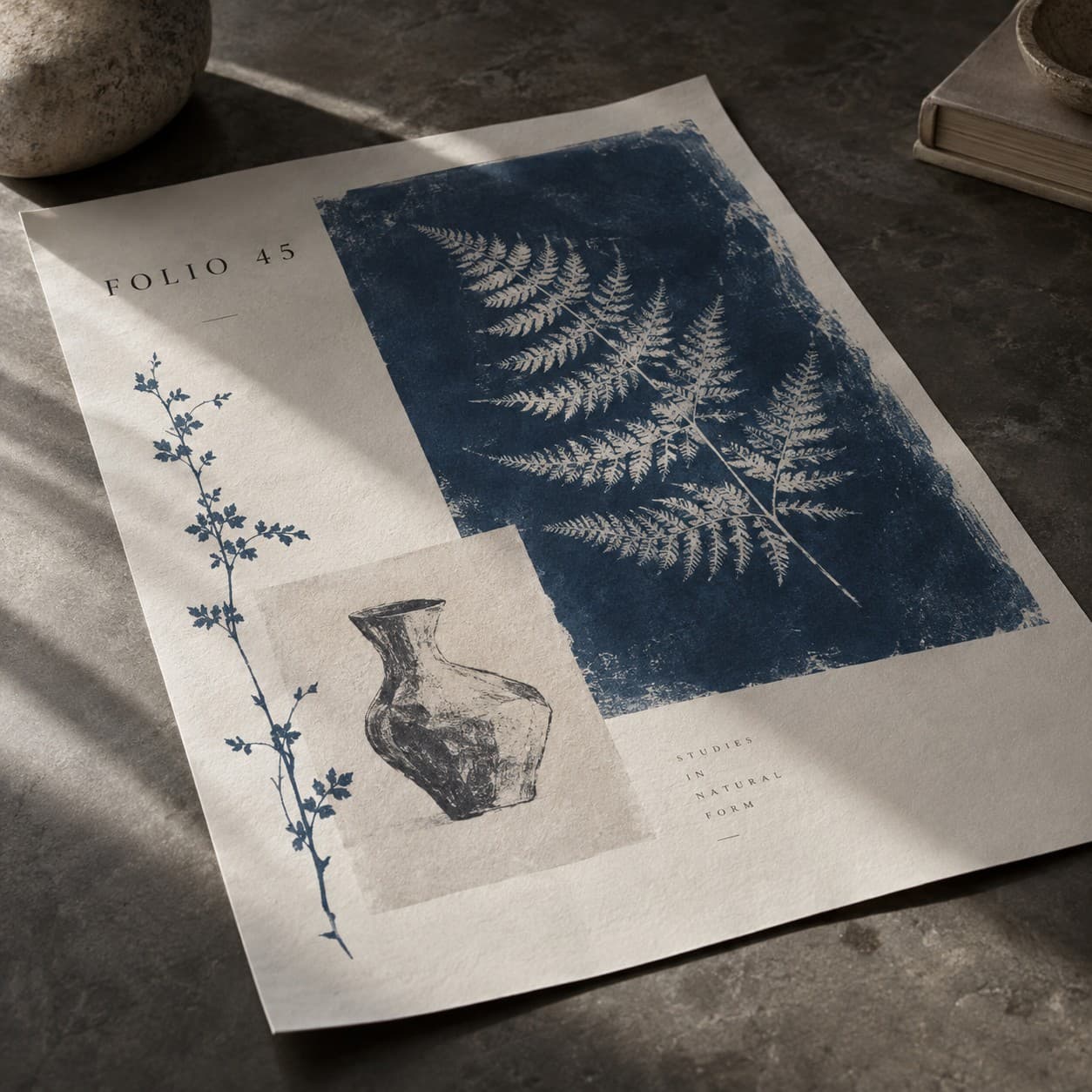 Custom Posters — indigo botanical cyanotype fern artwork, with a sculptural vessel