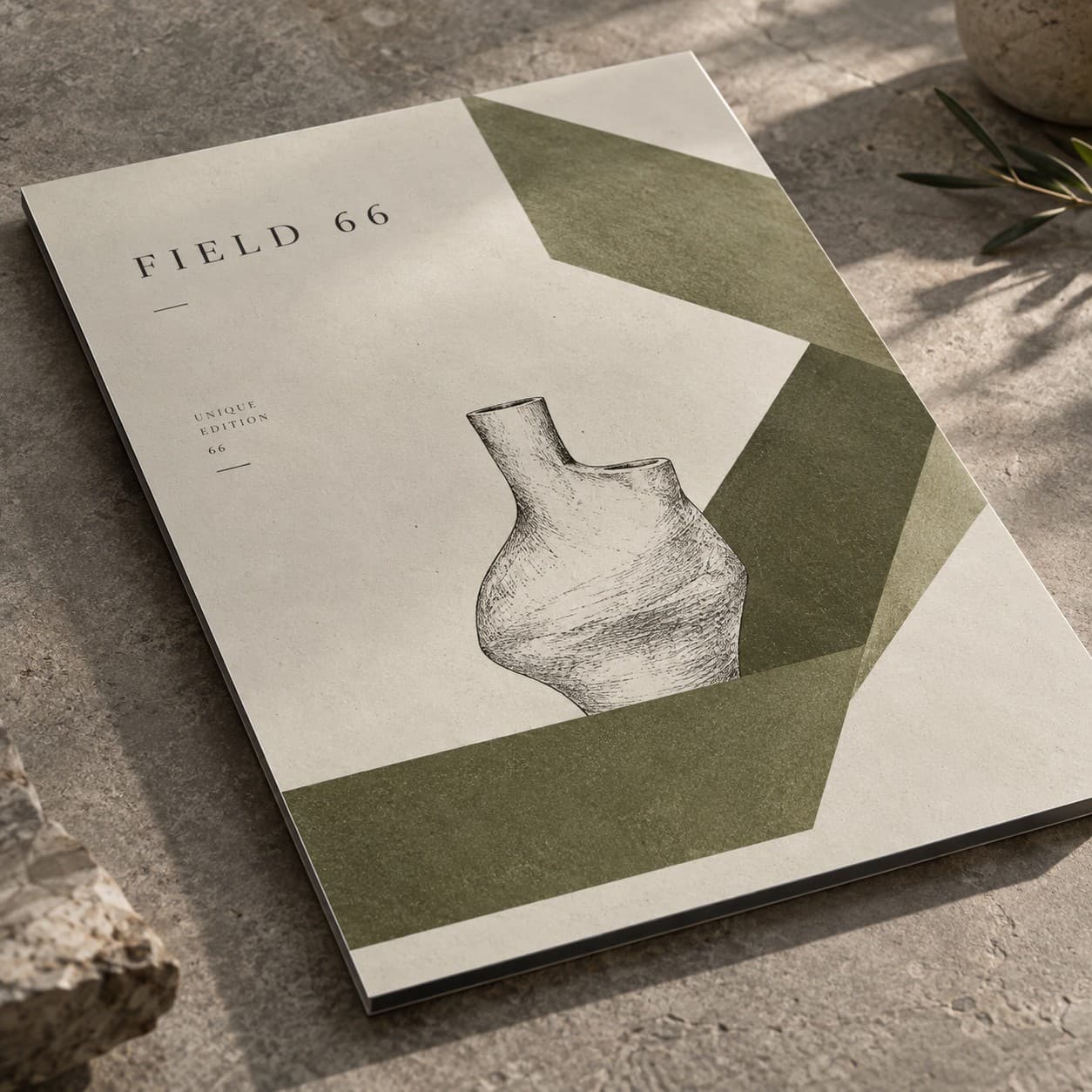 Dibond Boards — olive green geometric folded ribbon, with a sculptural vessel