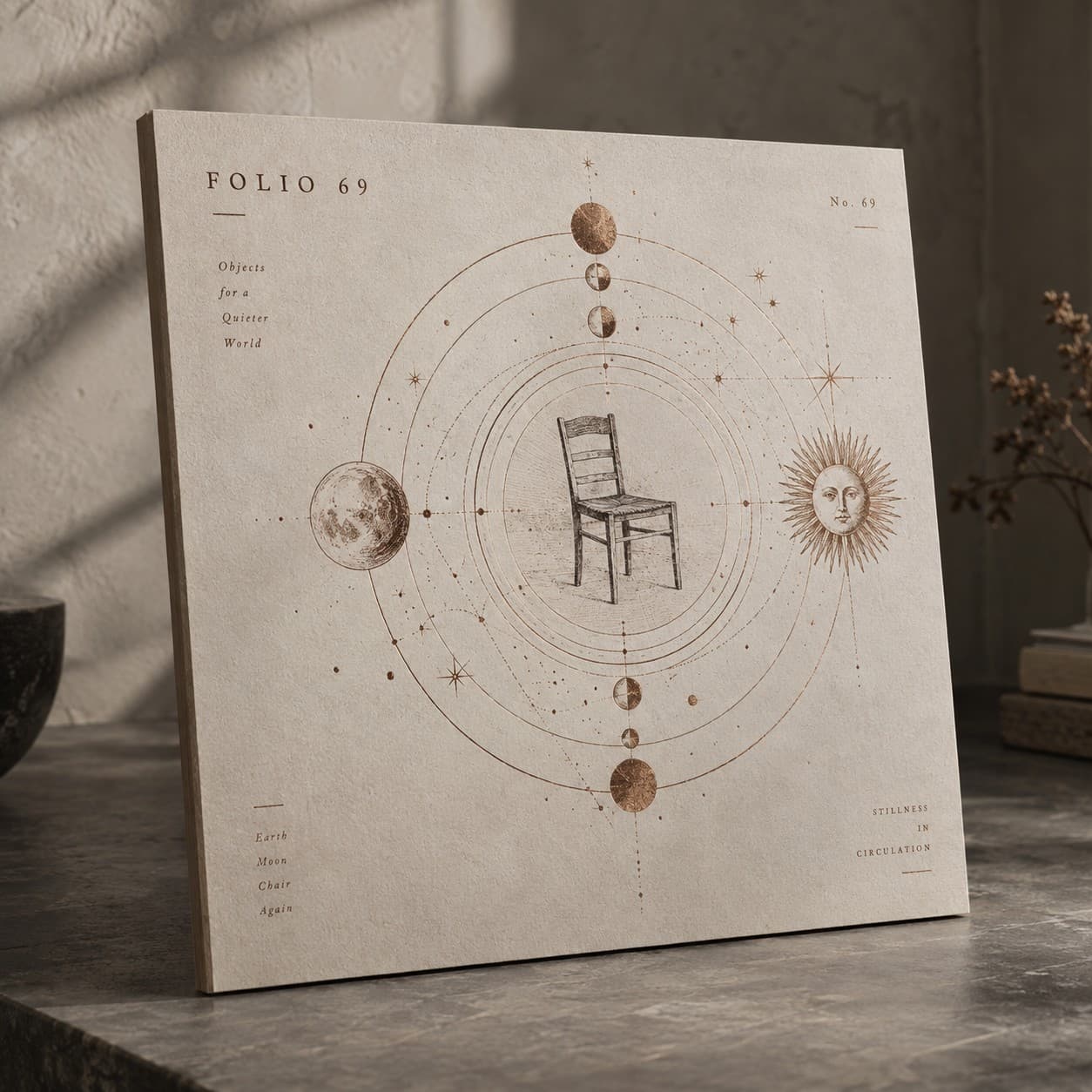 Display Boards — copper toned vintage celestial diagram, with a chair