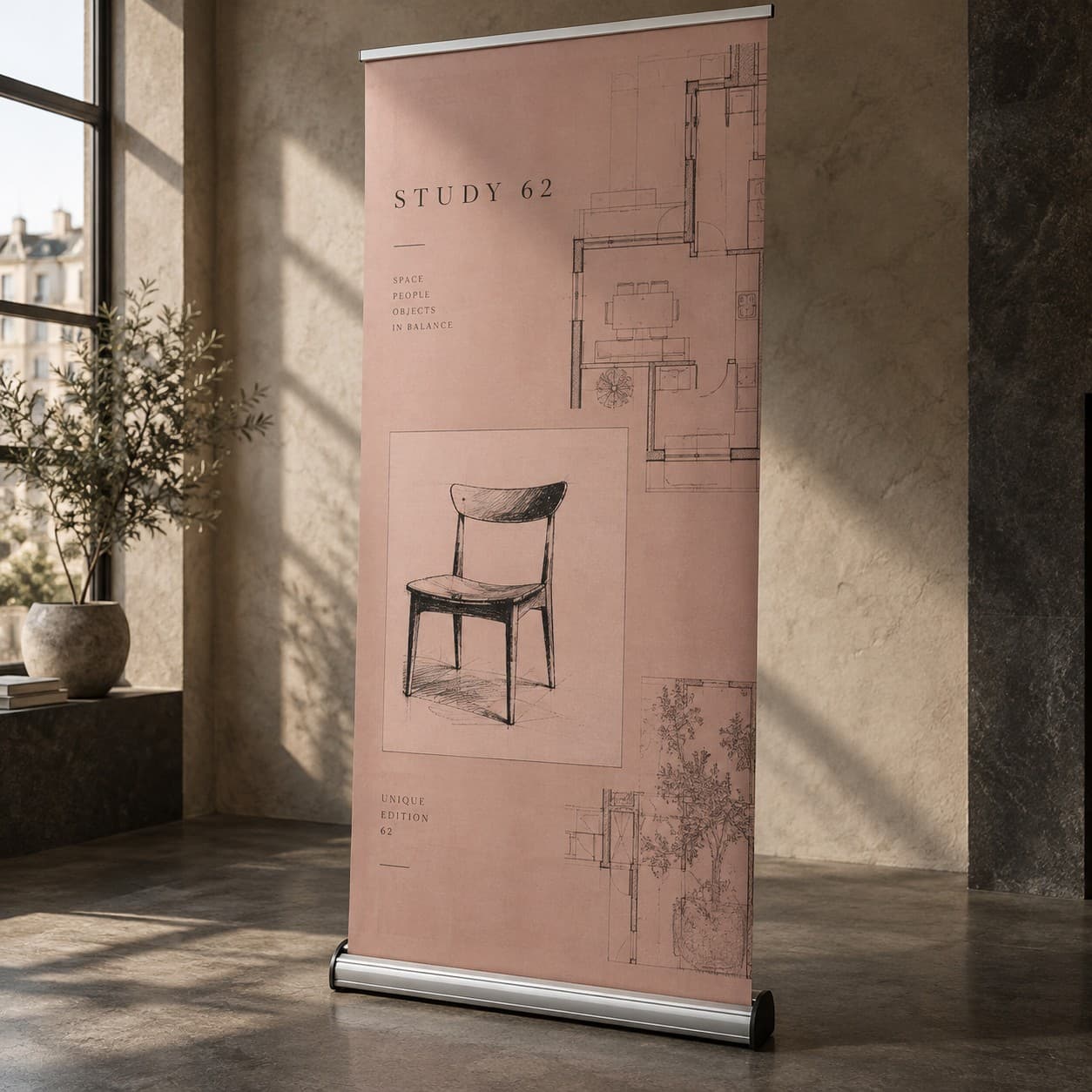 Eco Friendly Banners — dusty rose architectural floor plan, with a chair