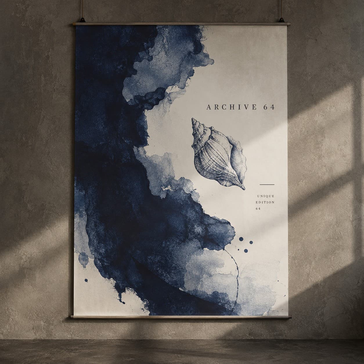 Exhibition Graphics — ultramarine expressive ink wash, with a shell