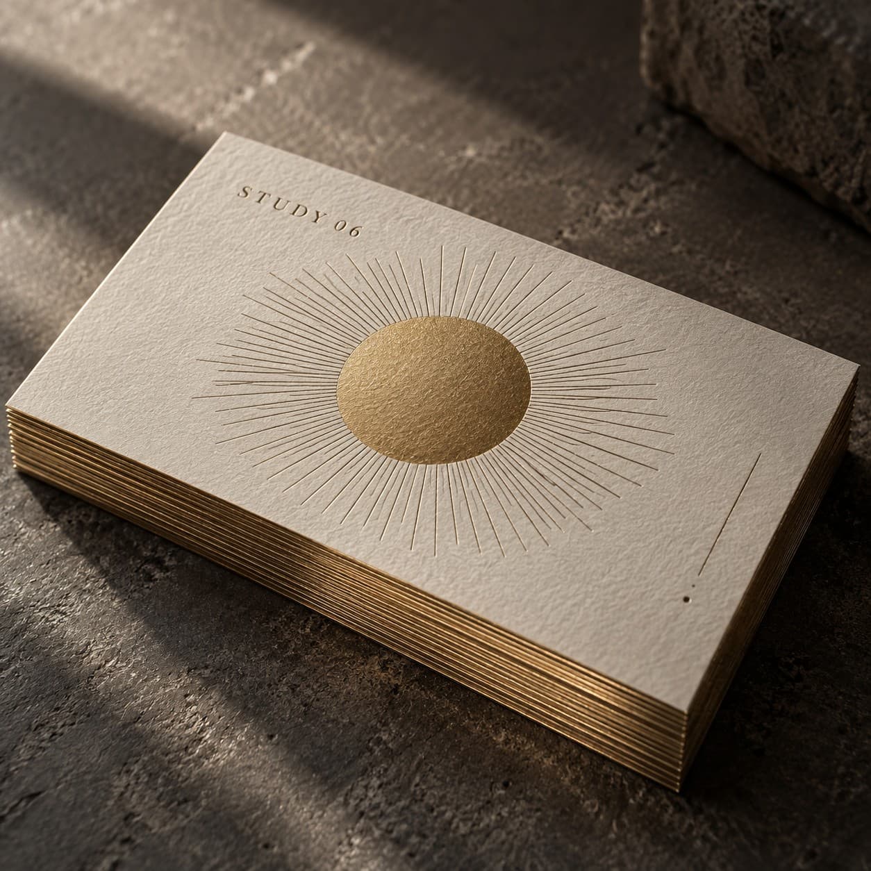 Foil Business Cards — ochre sun and fine radiating ink lines