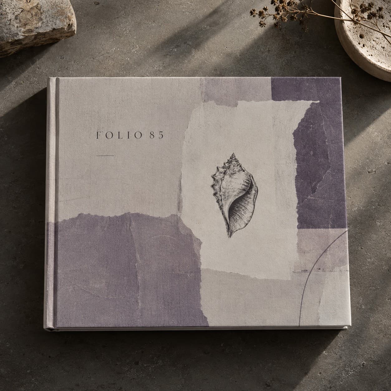 Hardcover Layflat Books — muted violet abstract paper collage, with a shell