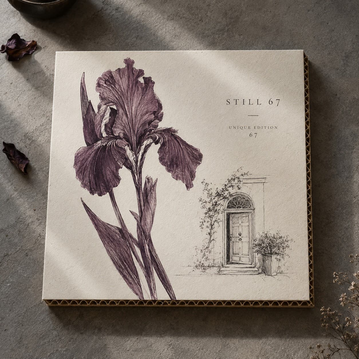 Honeycomb Board — aubergine hand drawn iris flower, with a doorway