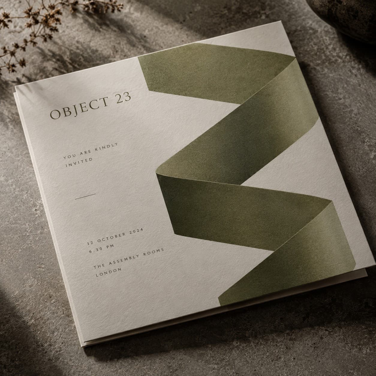 Invitations — olive green geometric folded ribbon