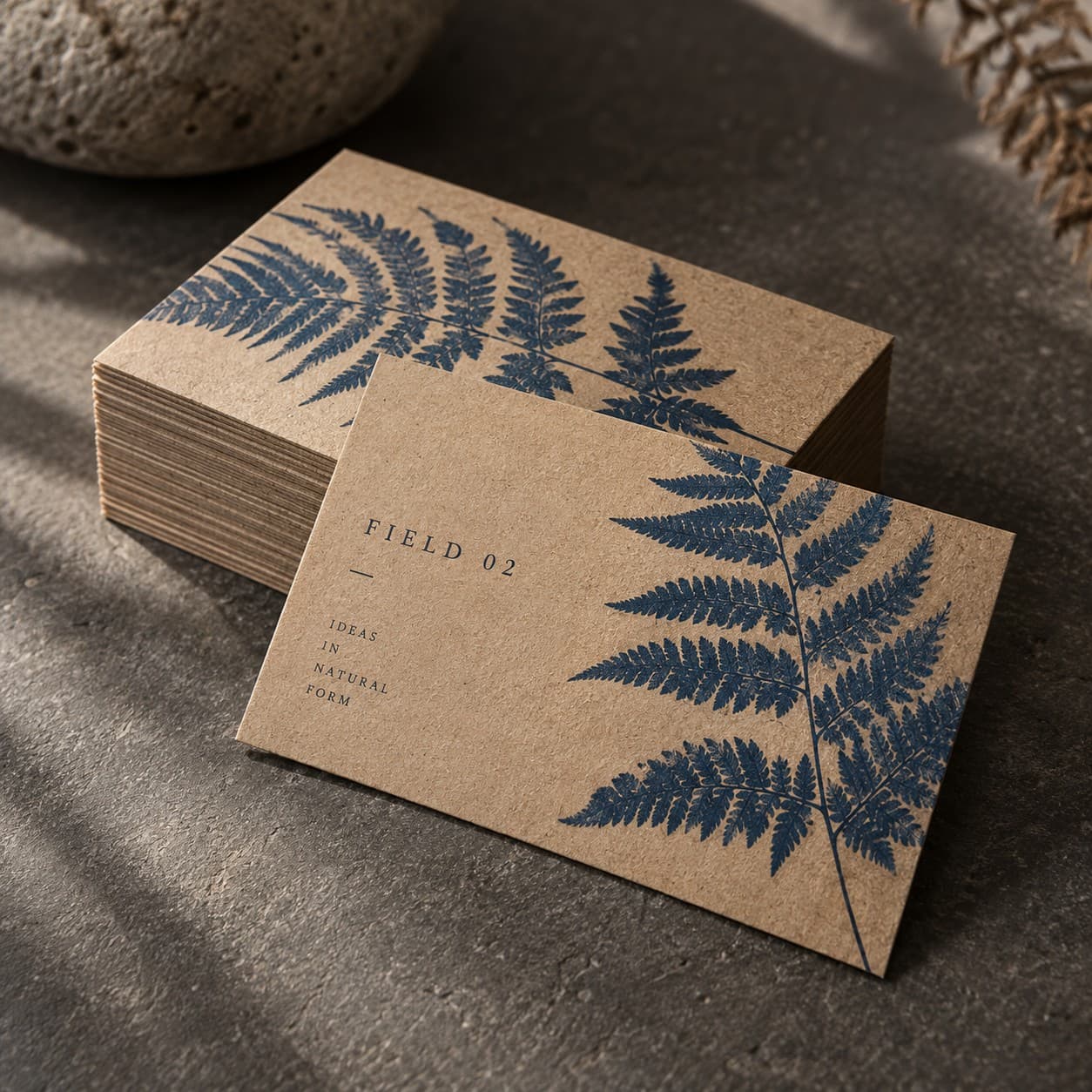 Kraft Business Cards — indigo botanical cyanotype fern artwork