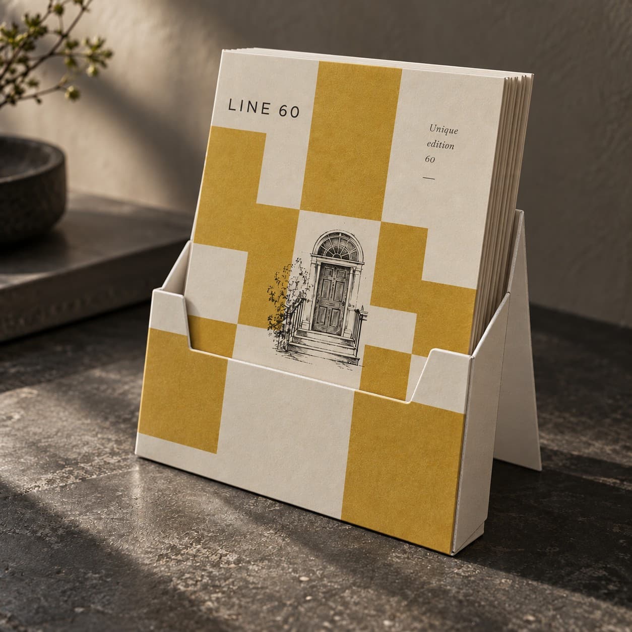 Leaflet Holders — mustard modular checkerboard composition, with a doorway