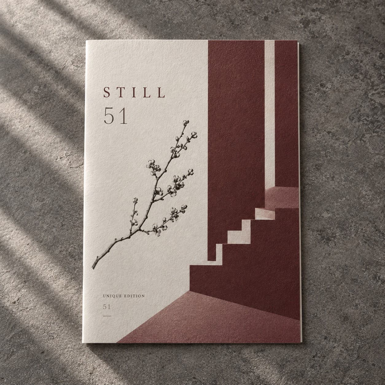 Custom Half Fold Leaflets — burgundy geometric staircase design, with a branch