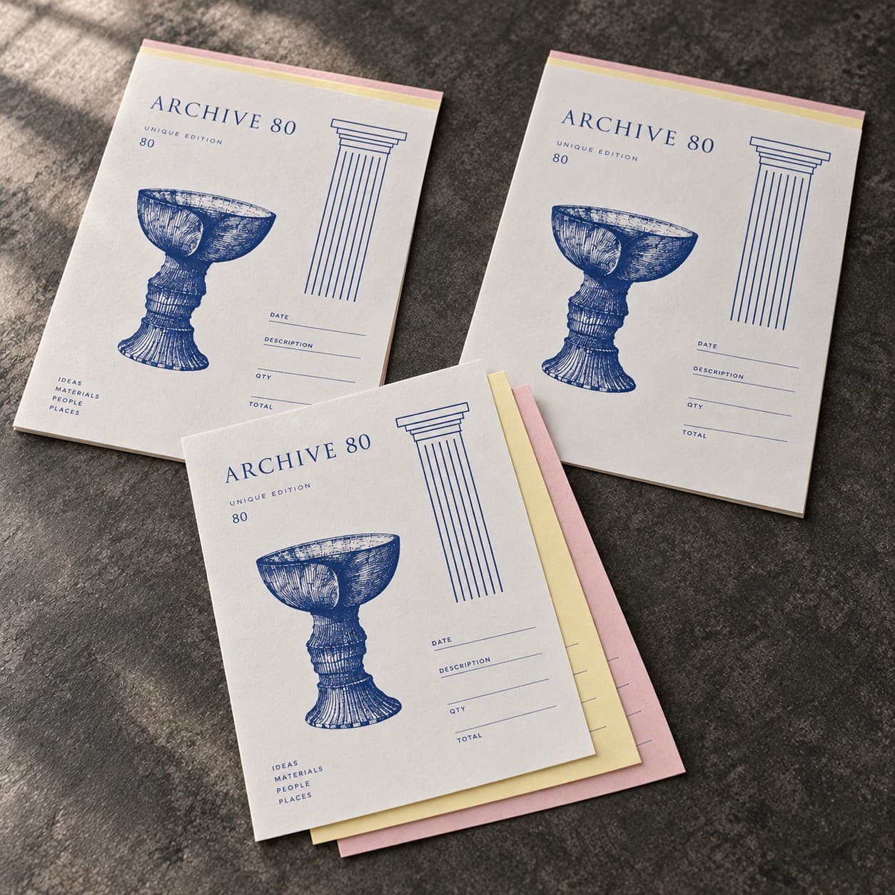 NCR Sets — royal blue modernist column drawing, with a sculptural vessel
