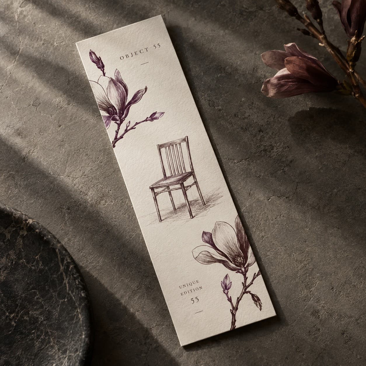 Bookmarks — deep plum magnolia line drawing, with a chair