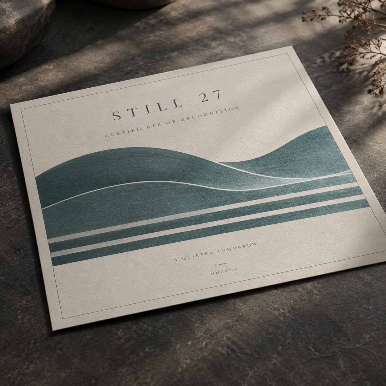 Certificates — teal wave and horizontal stripe composition