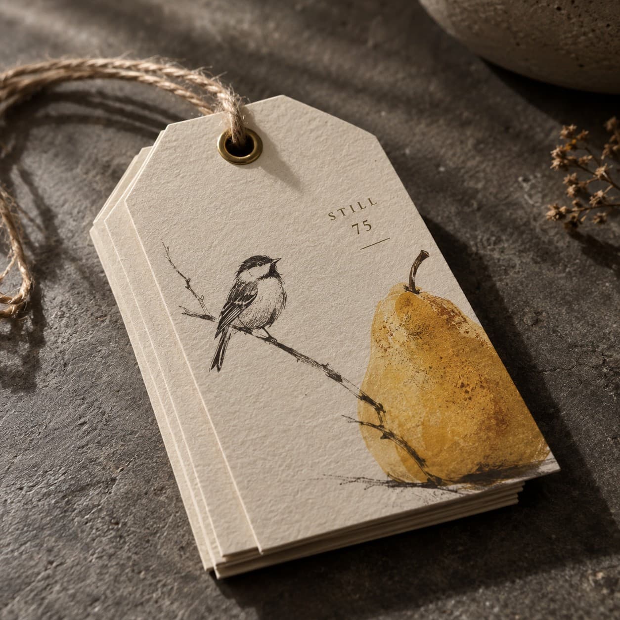 Gift Tags — saffron still life of a pear, with a bird