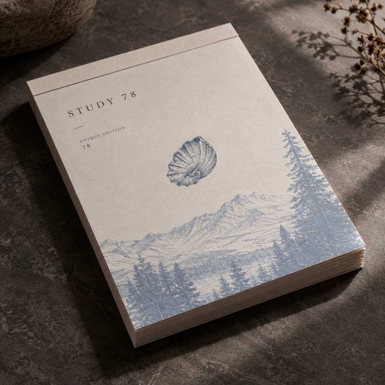Notepads — pale blue mountain woodcut, with a shell
