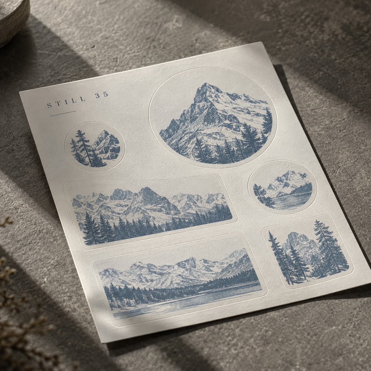 Sticker Sheets — pale blue mountain woodcut