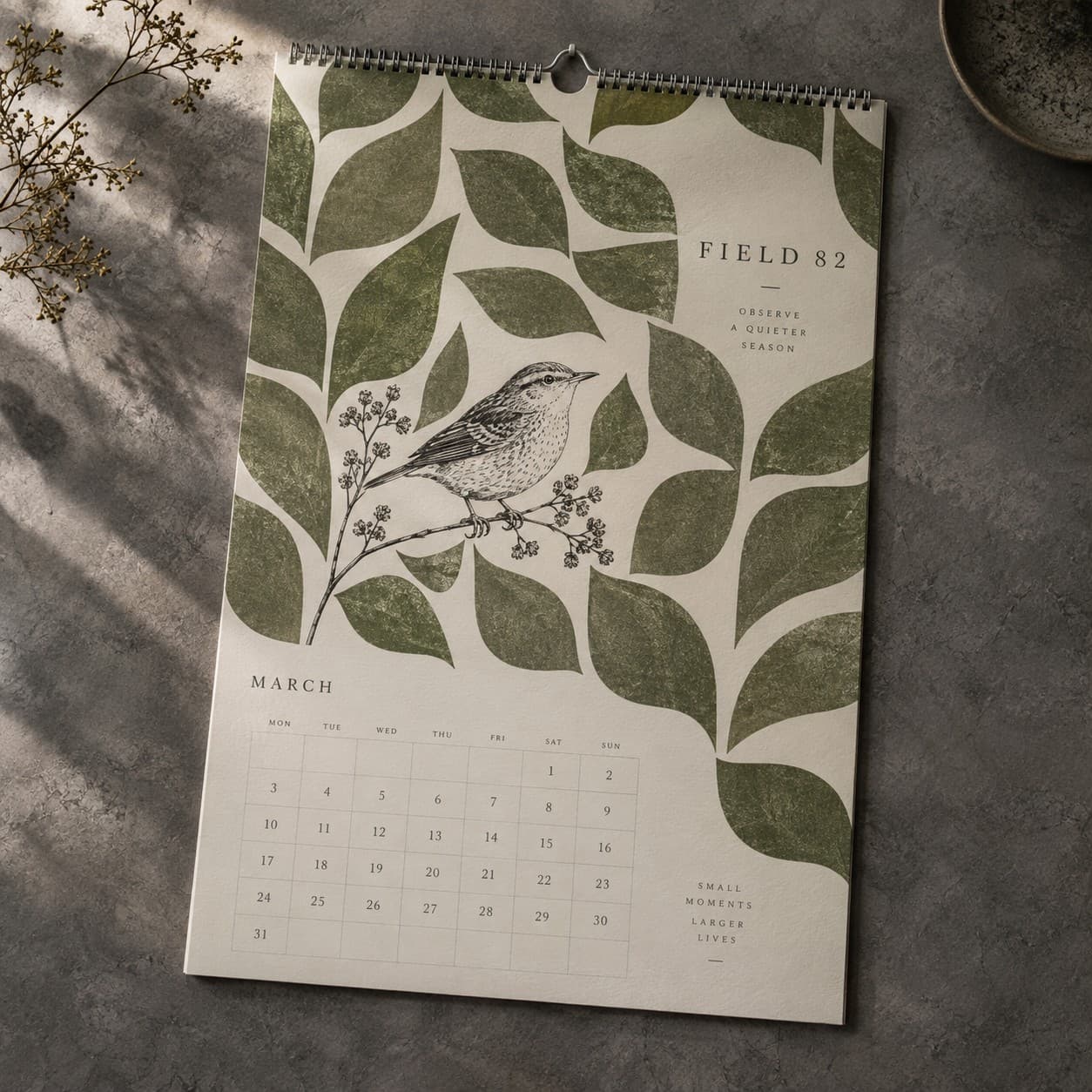 Wall Calendars — moss green tessellated leaf pattern, with a bird