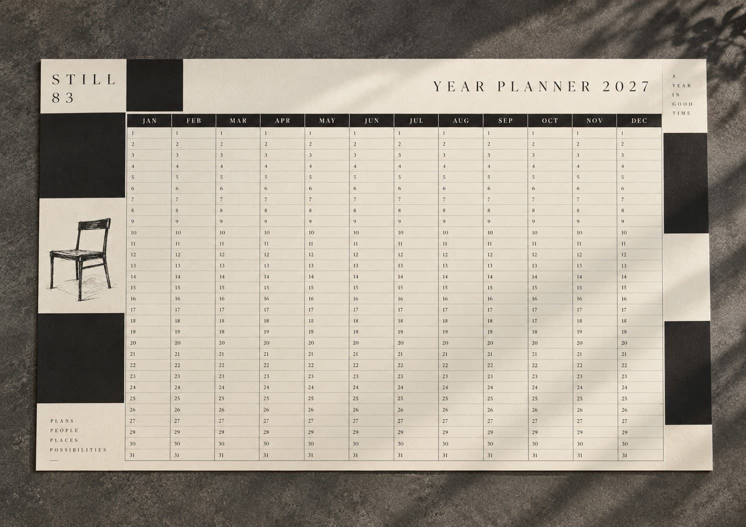 Wall Planners — black and ivory high contrast chess geometry, with a chair
