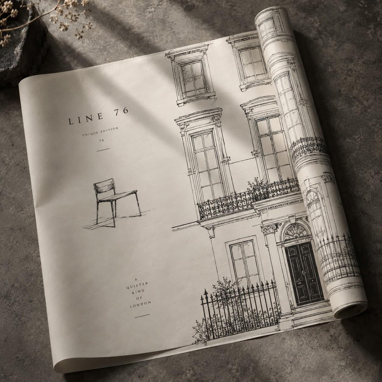 Gift Wrap Sheets — ink black linear architectural facade, with a chair