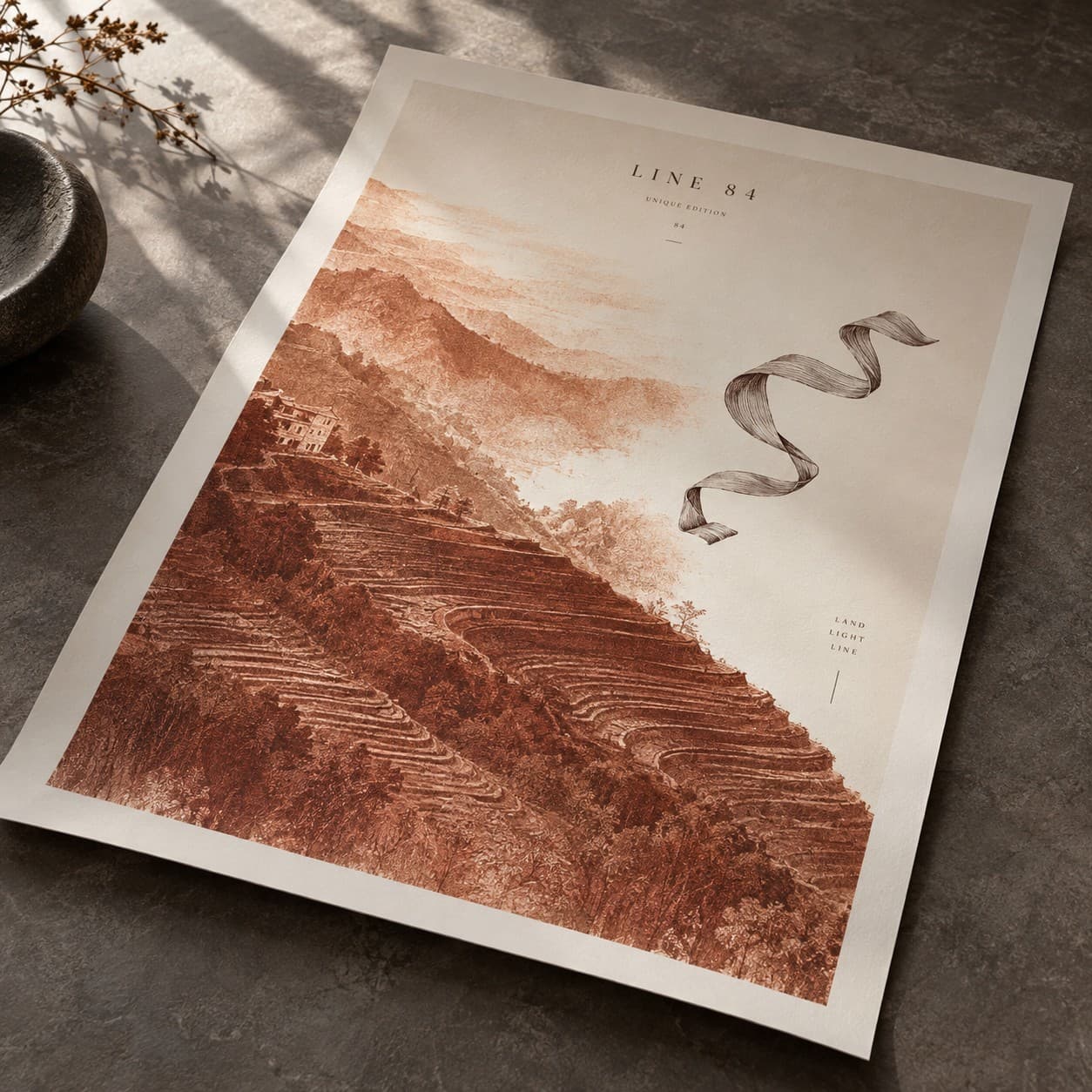 Photo Posters — burnt sienna terraced landscape drawing, with a folded ribbon