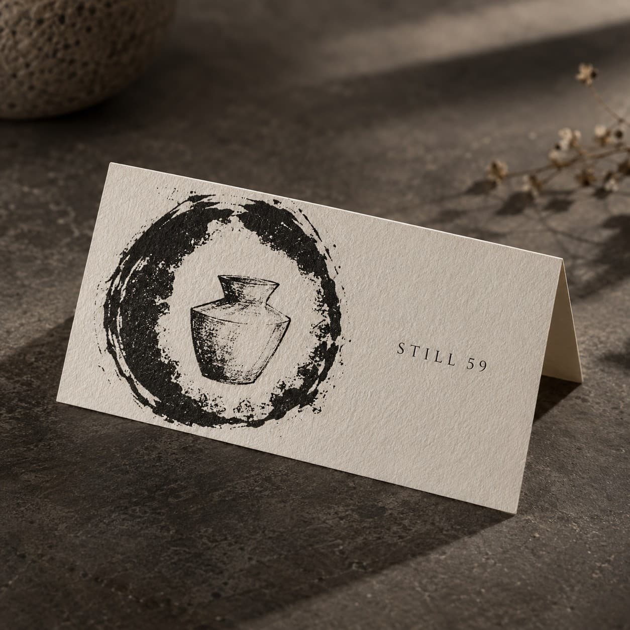 Place Cards — black abstract circular monoprint, with a sculptural vessel