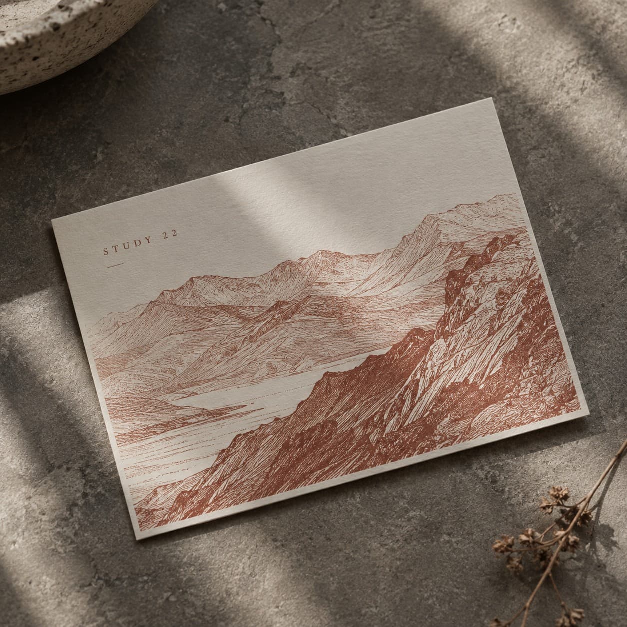 Postcards — rust red landscape contour etching