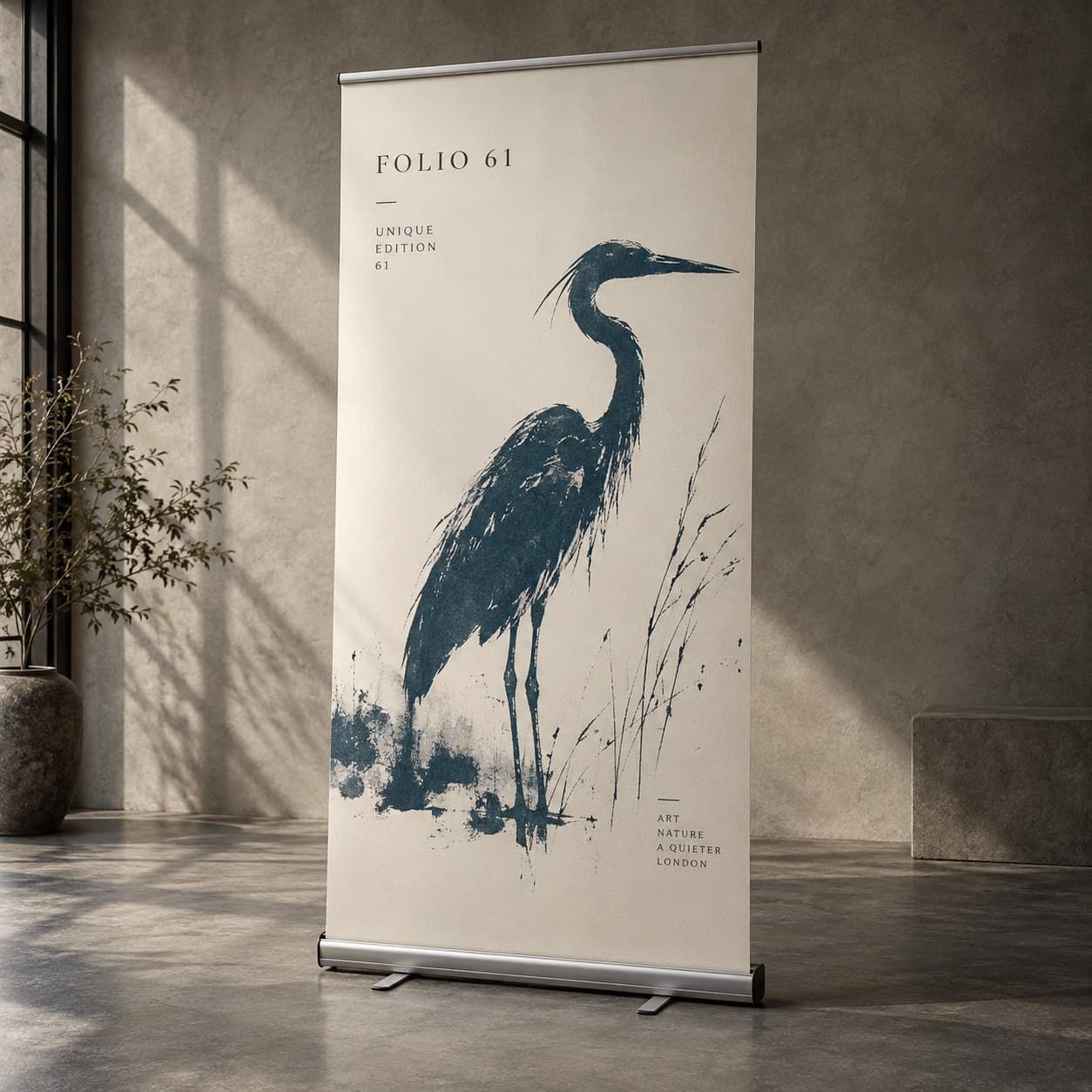 Premium Roller Banners — petrol blue heron silhouette, with a bird