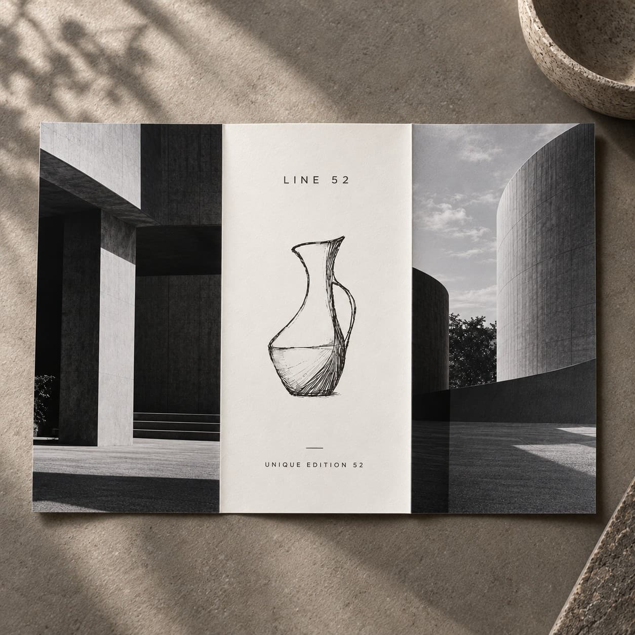 Concertina Folded Leaflets — black and white modernist building photograph, with a sculptural vessel