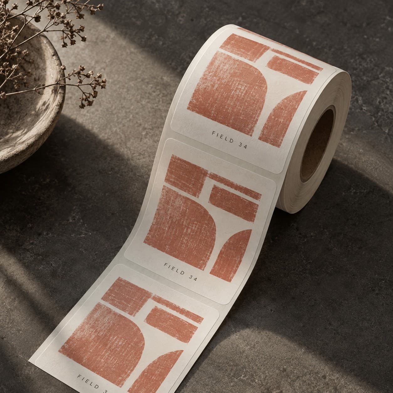 Roll Labels — muted coral abstract block print