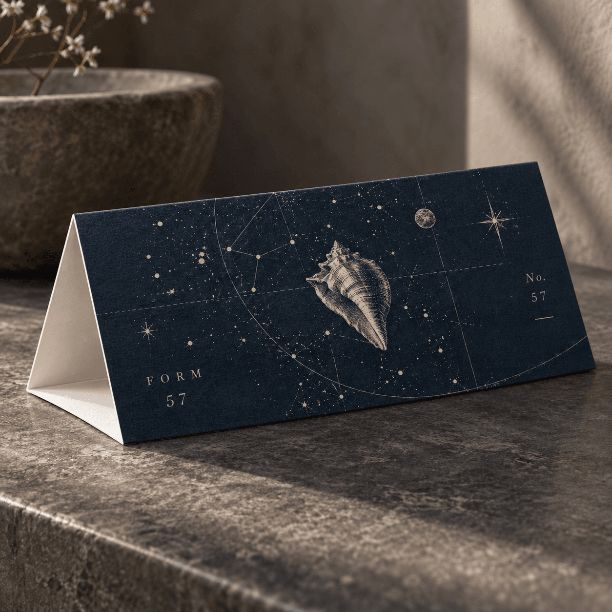 Taped Tent Card — navy FORM 57 shell and constellation artwork with a continuous folded base