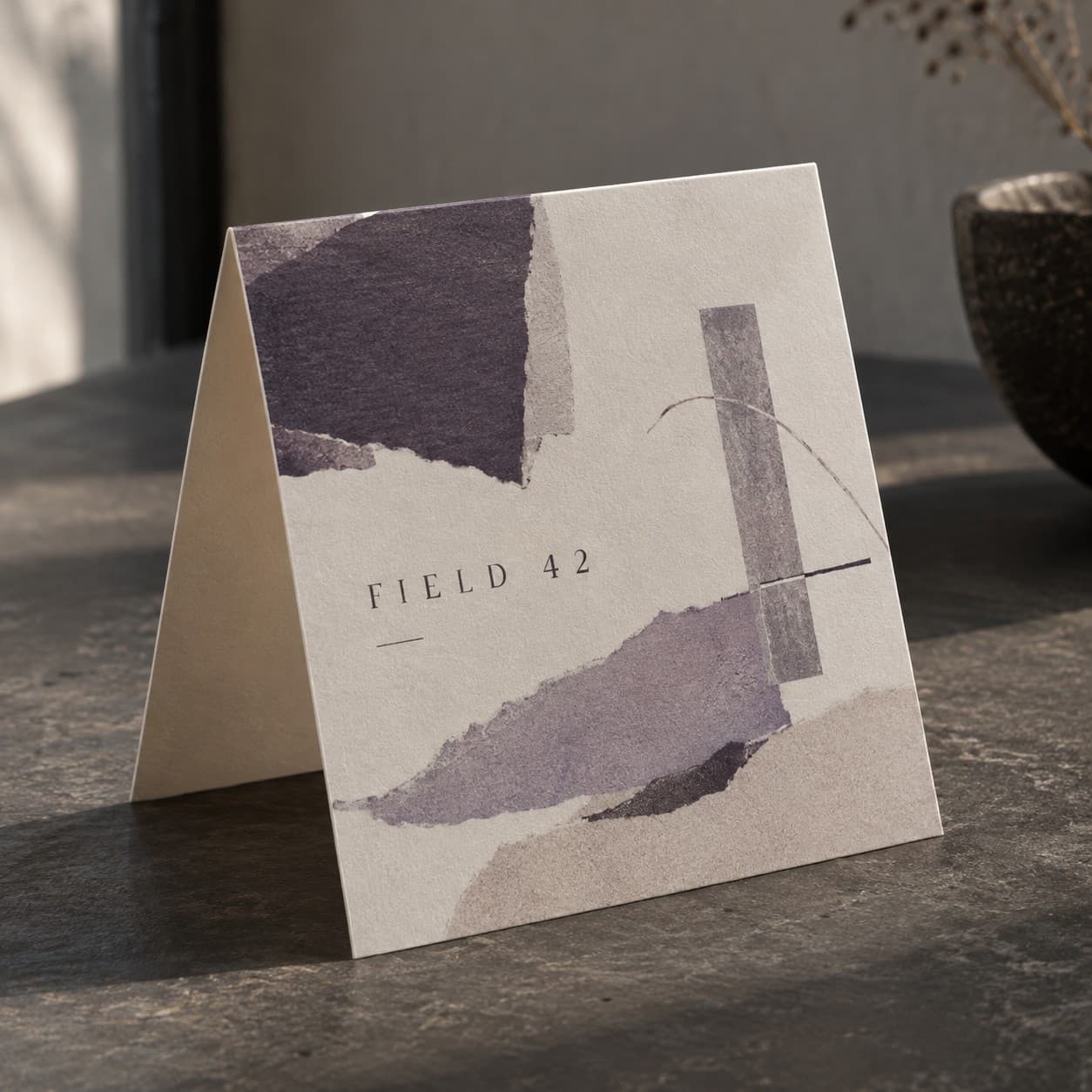 Table Tent Cards — muted violet abstract paper collage