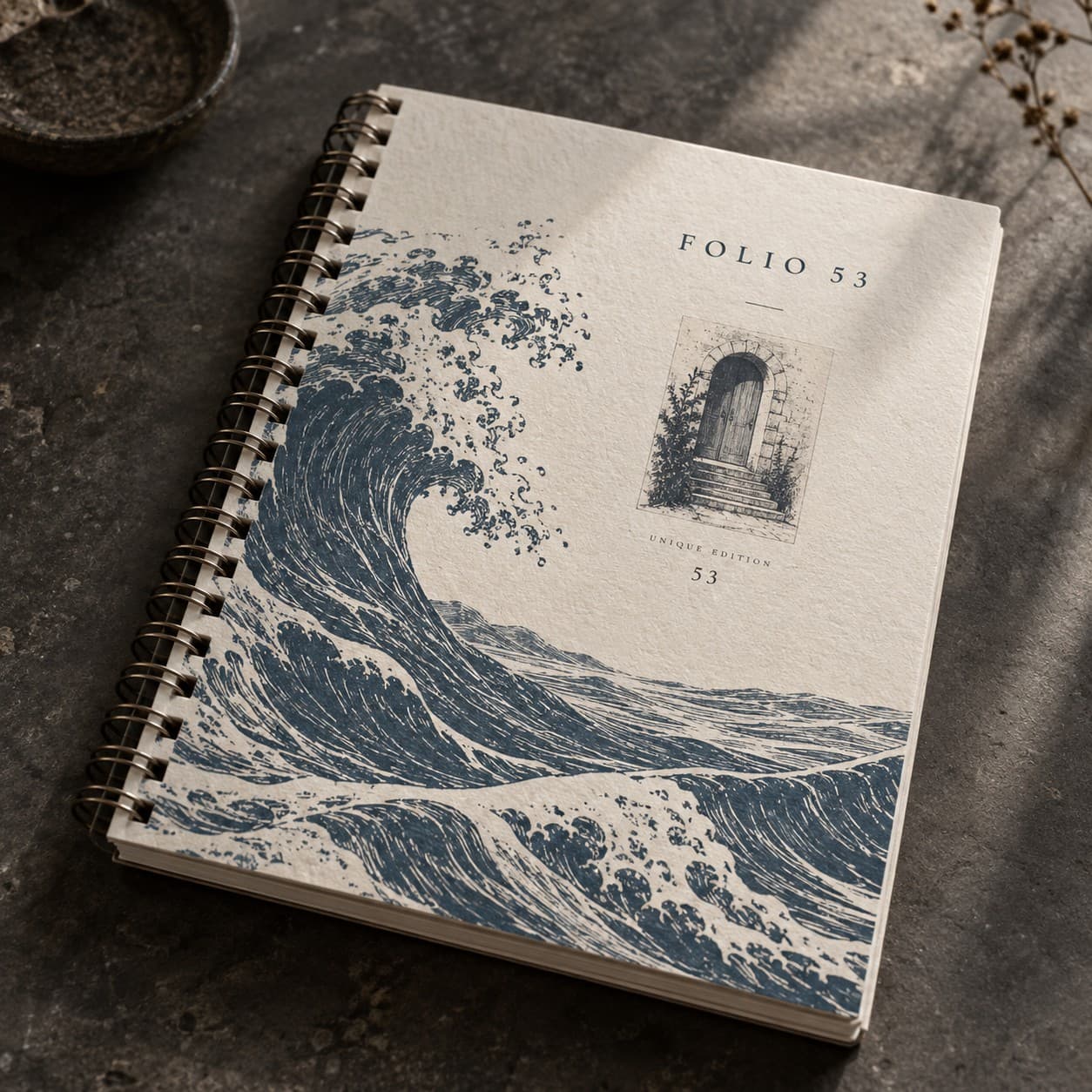 Spiral-Bound Books — slate blue ocean wave woodcut, with a doorway