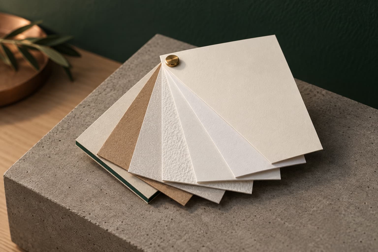 A fanned spread of Soho Presswork papers and finishes, held together by a brass screw post